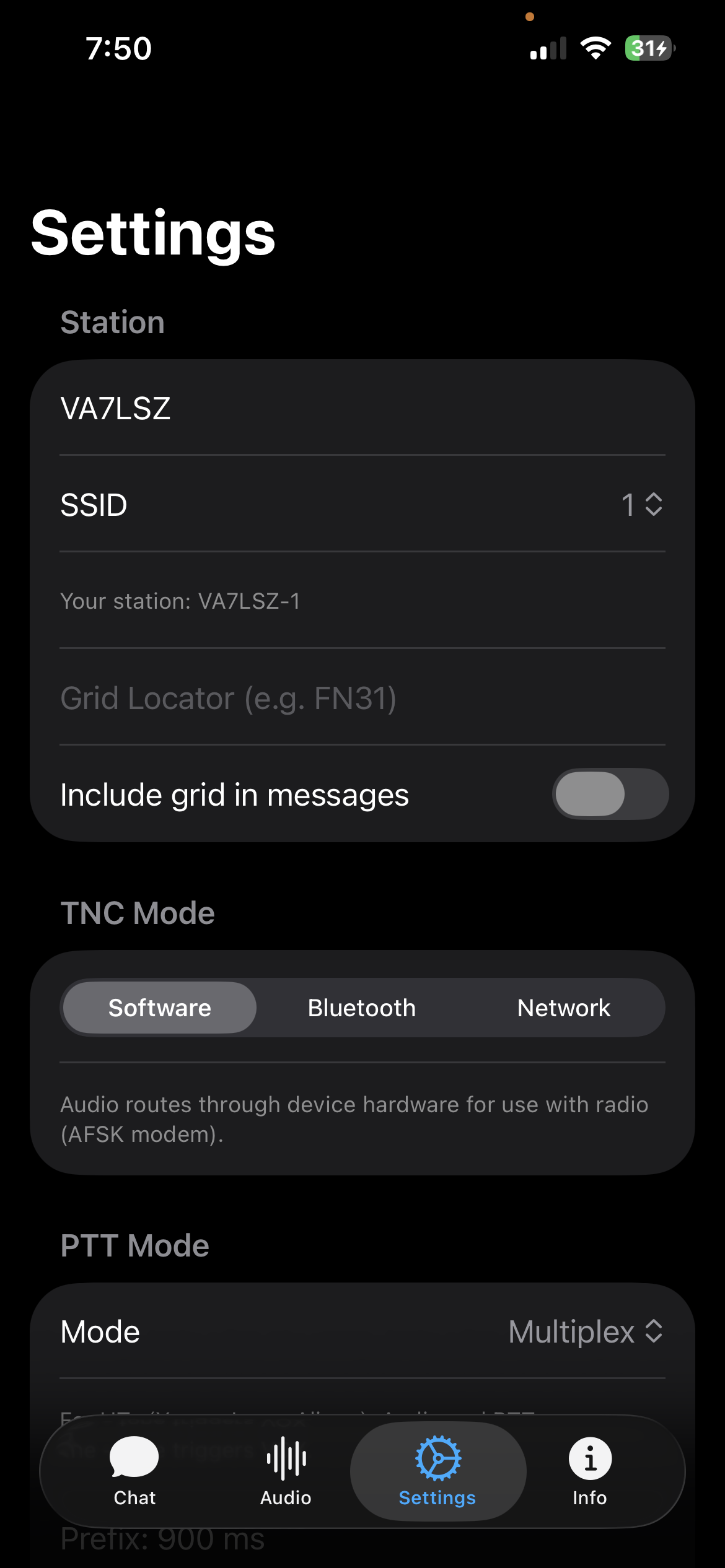 PacketMessage settings showing TNC mode options